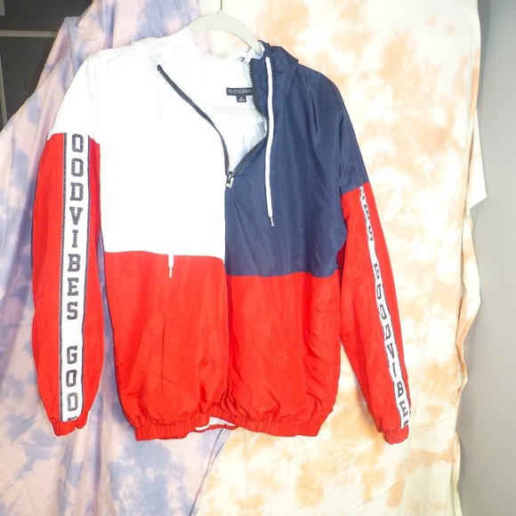 Riley & James Hoodie M Red White Blue Windbreaker "Good Vibes" 1/2 Zip - Picture 6 of 8